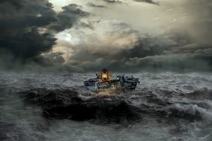 Lost boat in rough waters